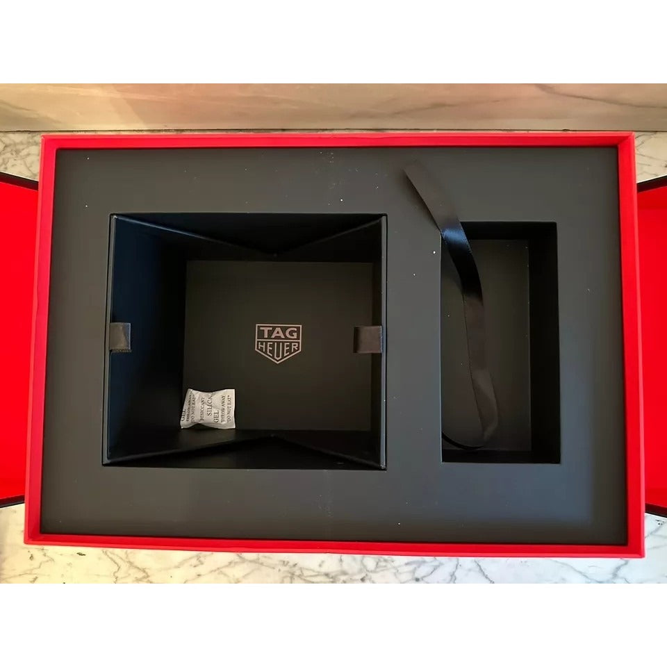 EUC Tag Heuer Watch Display Box (14" x 9-3/4" x 6") Black & Red Bi-Fold Box Only