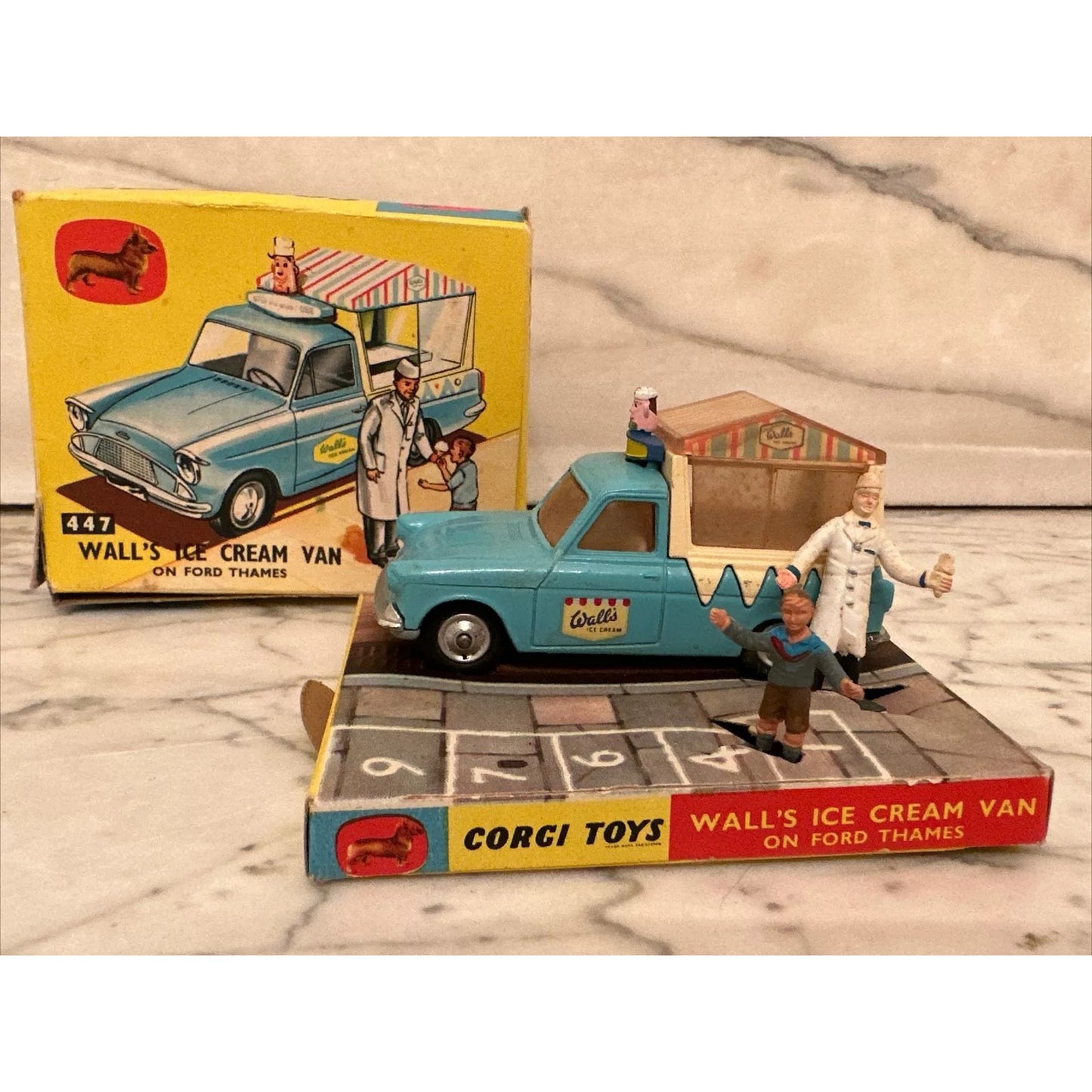 VTG ORIGINAL CORGI TOYS 447 WALL’S ICE CREAM VAN ON FORD THAMES w/ BOX