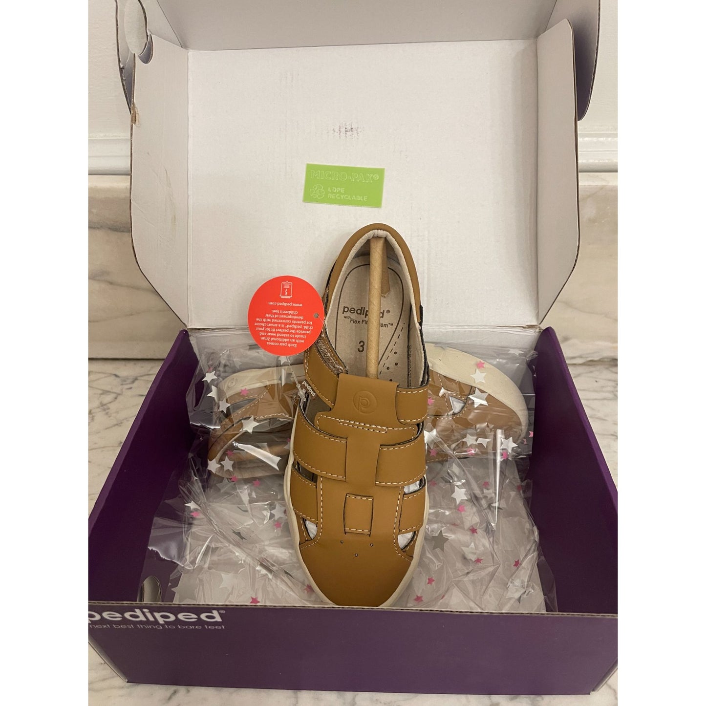 Pediped Kids Tan Leather Sandals Size 13-13.5 US With Velcro Straps & Flex Zone Sole nwt