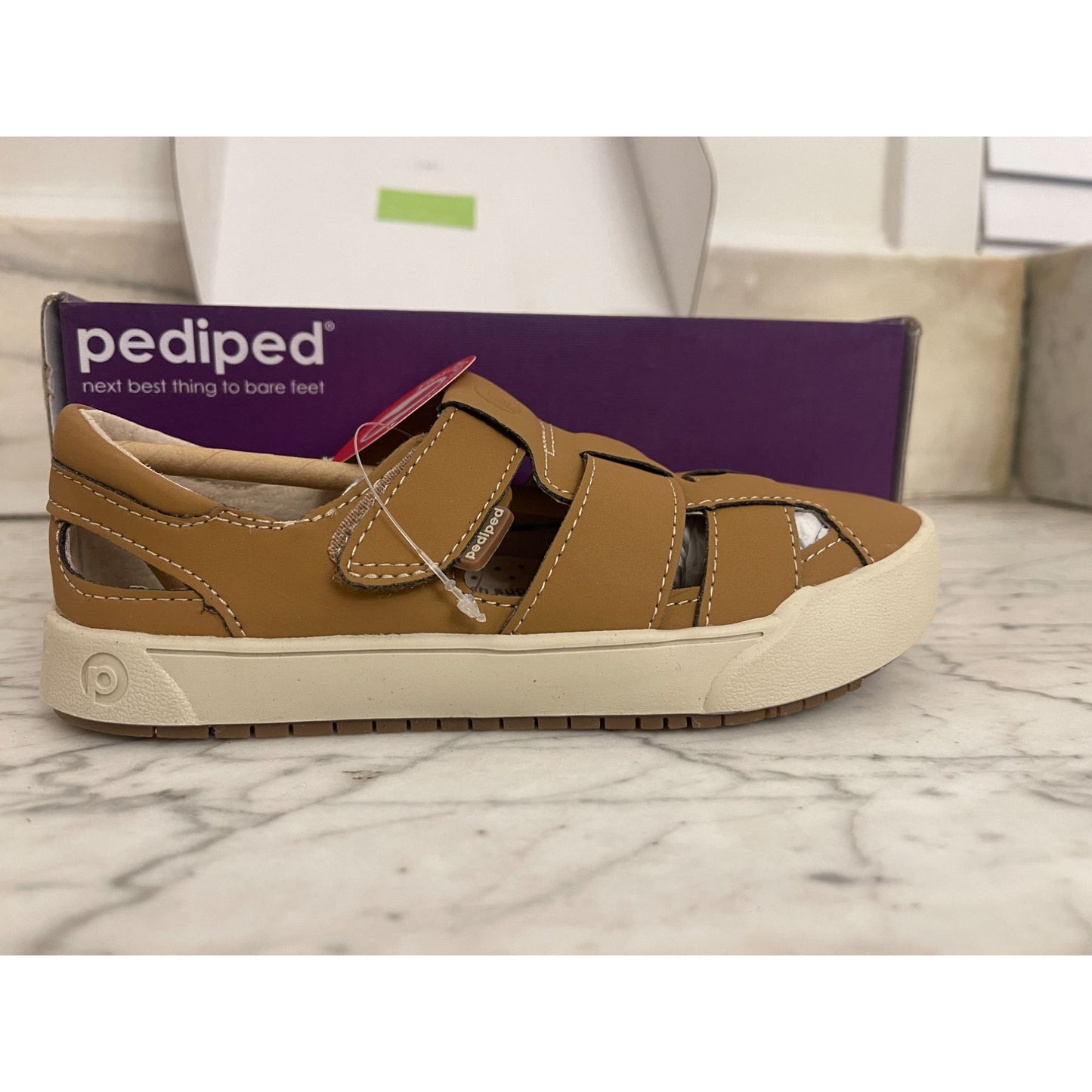 Pediped Kids Tan Leather Sandals Size 13-13.5 US With Velcro Straps & Flex Zone Sole nwt