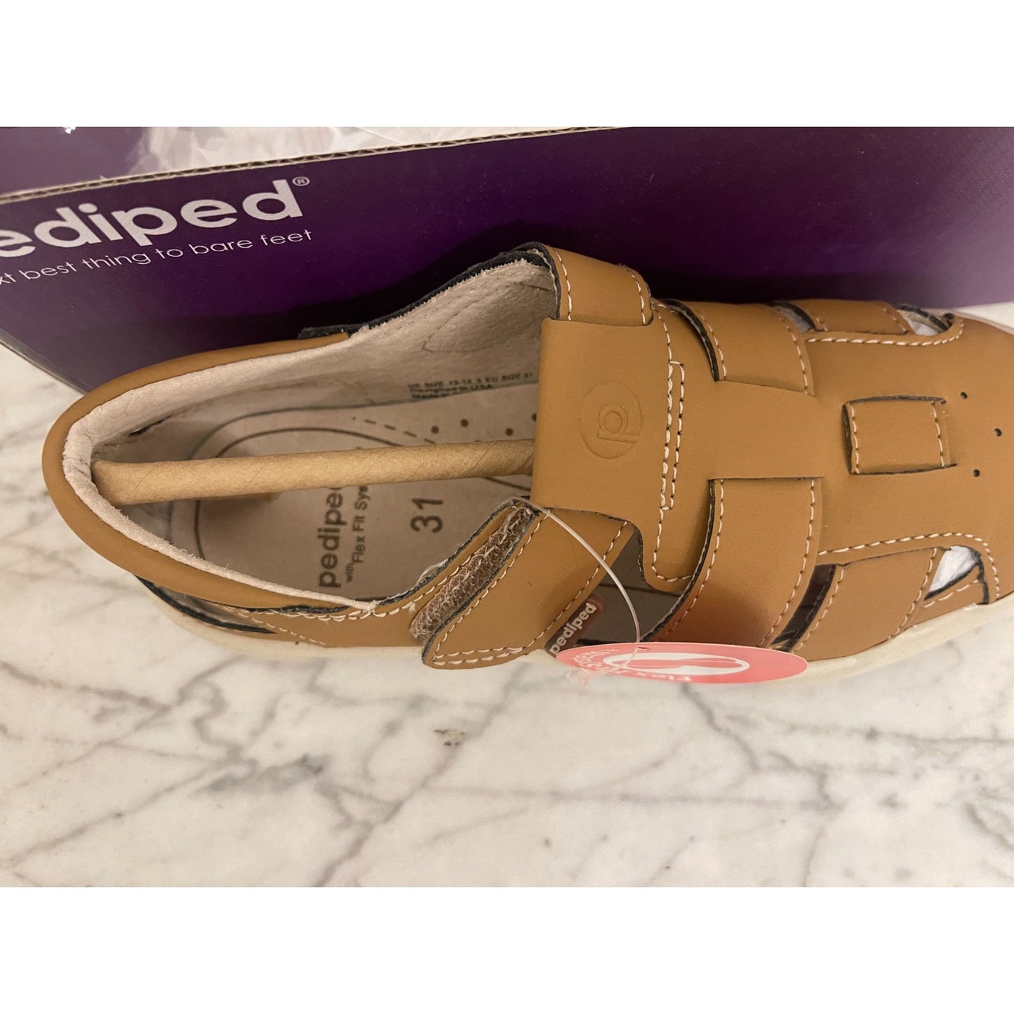 Pediped Kids Tan Leather Sandals Size 13-13.5 US With Velcro Straps & Flex Zone Sole nwt