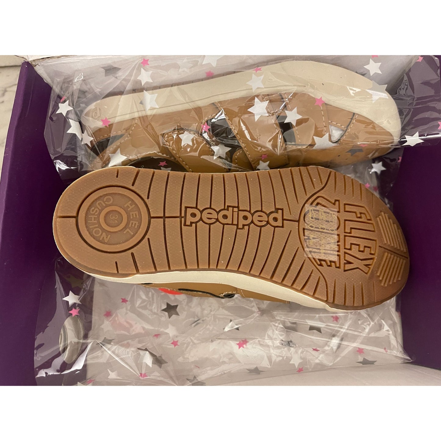 Pediped Kids Tan Leather Sandals Size 13-13.5 US With Velcro Straps & Flex Zone Sole nwt